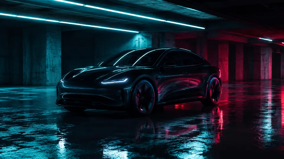 Обложка промпта «Создай футуристический неоновый автомобильный кадр»