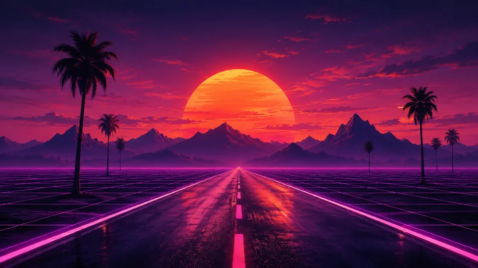 Обложка промпта «Создай synthwave-пейзаж в ретрофутуристической эстетике»