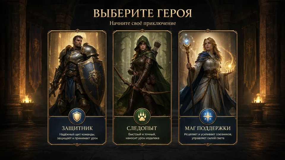 Обложка промпта «Создай экран выбора героя для RPG»